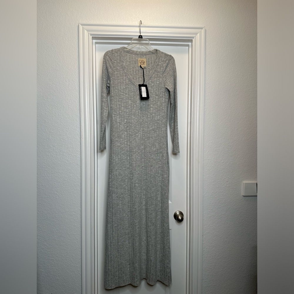Chaser Poor Boy Rib Long Sleeve‎ side slit gray Henley maxi dress sz Small